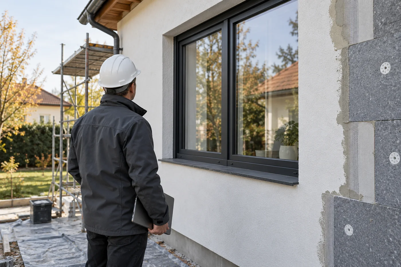 Családi ház ablakcsatlakozásának és homlokzati hőszigetelésének helyszíni ellenőrzését bemutató illusztráció.