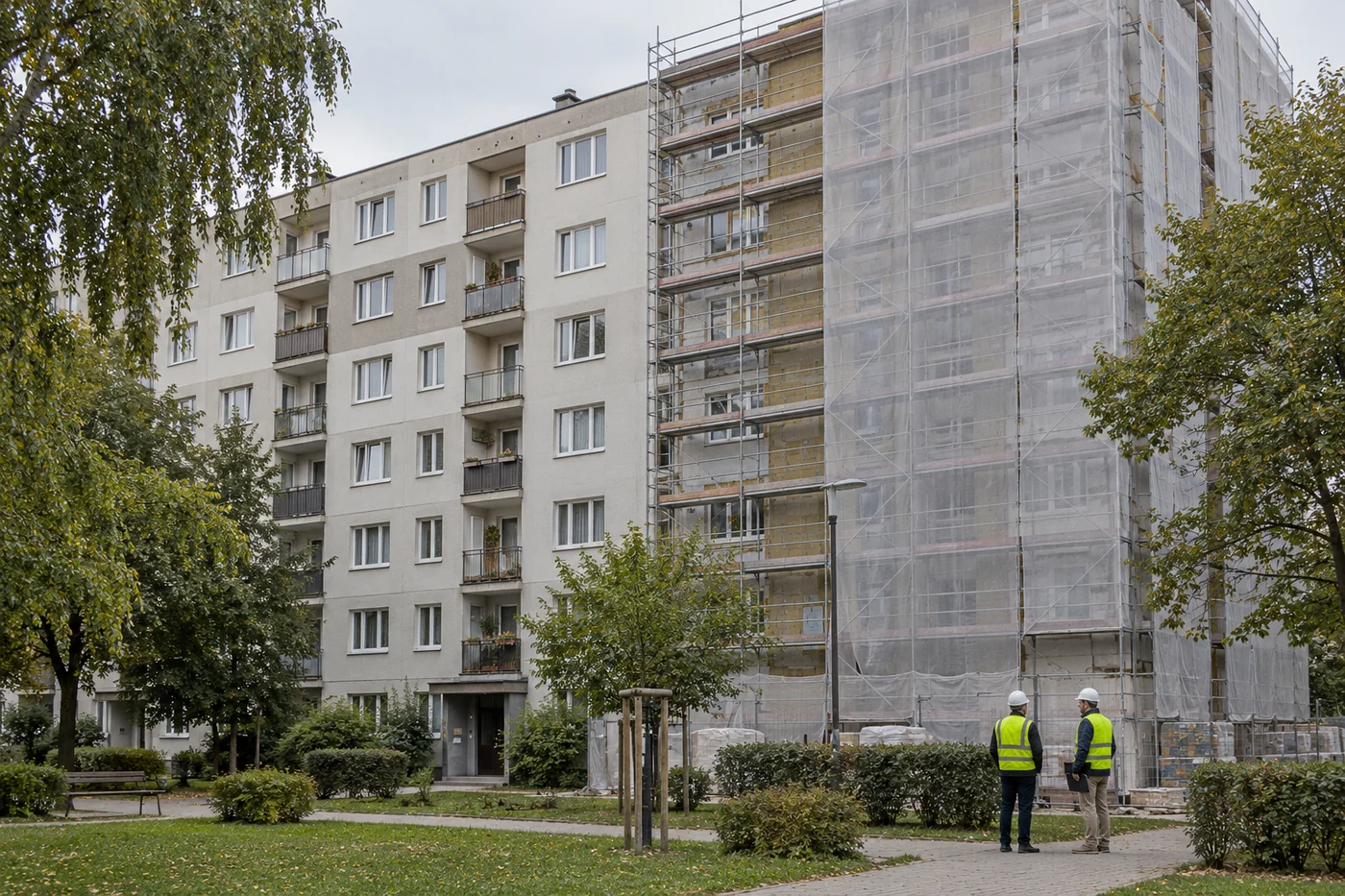 Állványozott panelépület energetikai felújítása és helyszíni műszaki egyeztetés; szerkesztőségi illusztráció.